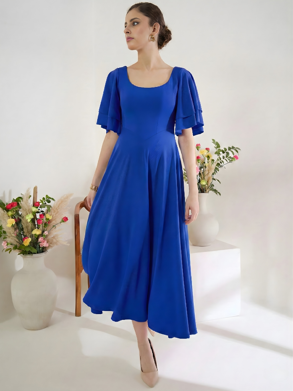 Stretchable Ruffled Sleeve Fit & Flare Dress - Pinkkup