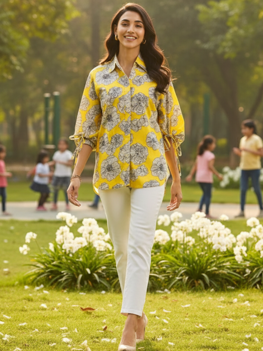 Printed Cotton Shirt with Tie Up Sleeves - Pinkkup