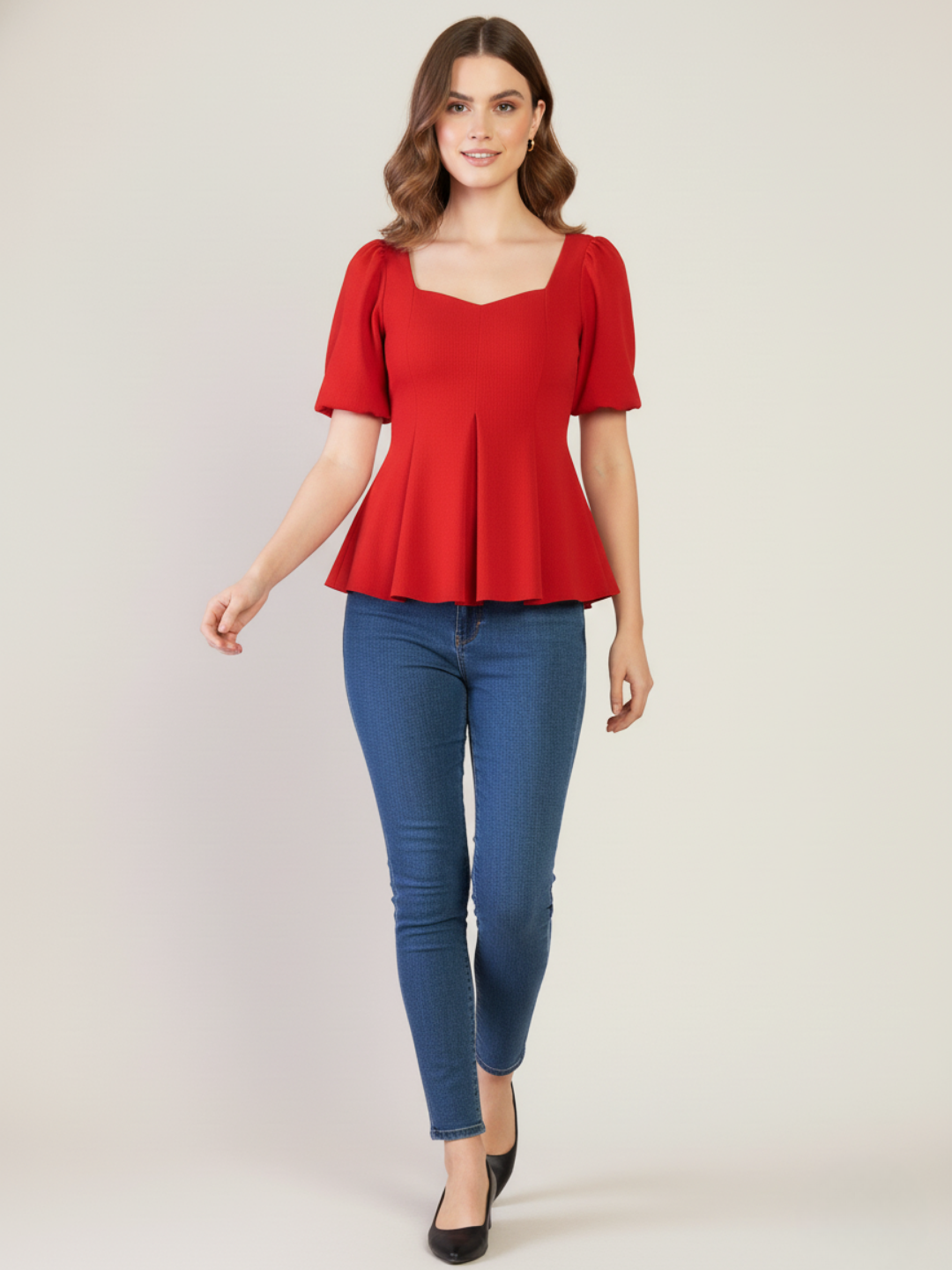 Stretchable Puff Sleeves Peplum Top