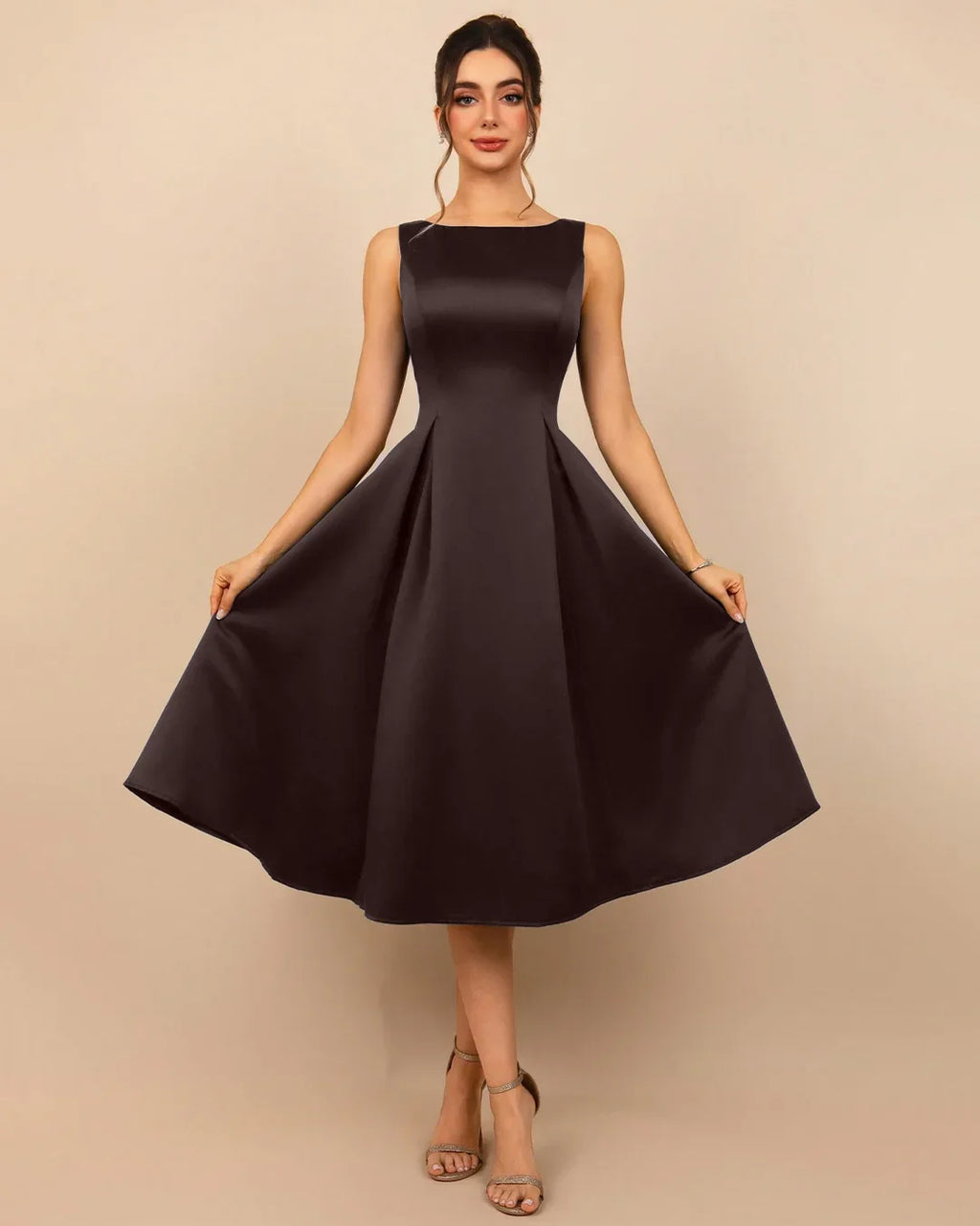 Sleeveless Round Neck Flared Midi Dress in Coffee