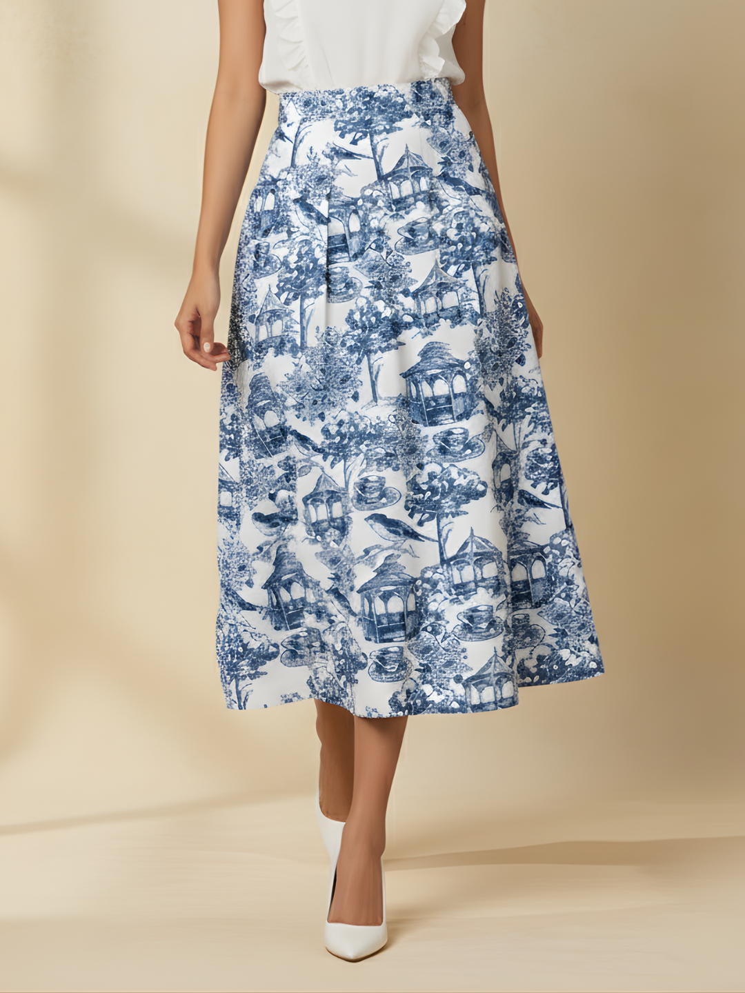 Pure Linen Box Pleated Midi Skirt