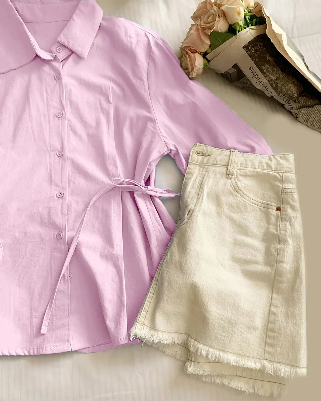 Button Down Collared Puff Sleeve Cotton Top in Pink