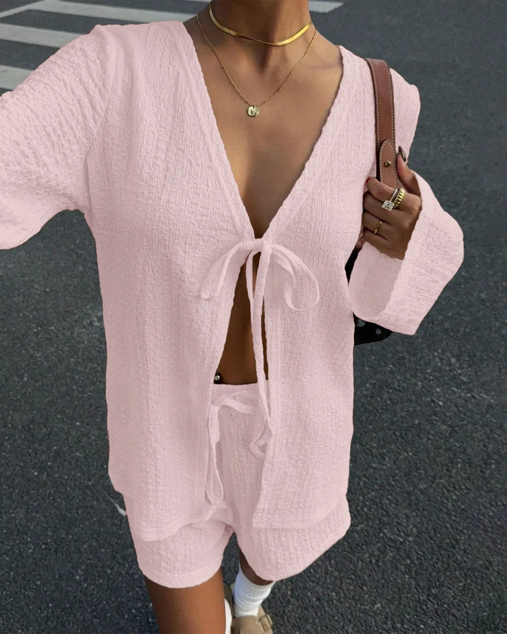 Textured V-Neck Tie Front Long Sleeve Top and Shorts Set in Pink