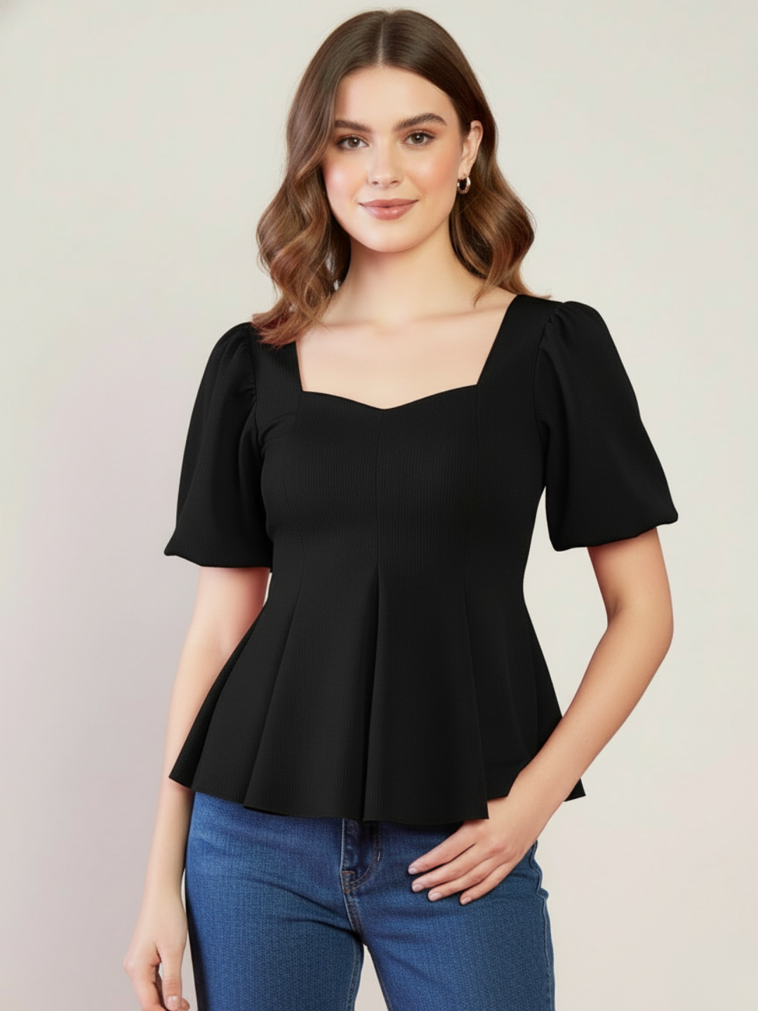 Stretchable Puff Sleeves Peplum Top - Pinkkup