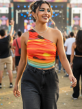 Printed Stretchable One Shoulder Top with Gathered Sides - Pinkkup