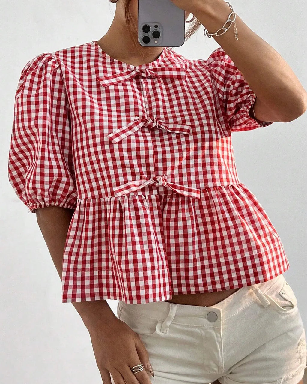Red Gingham Peplum Blouse with Puff Sleeves