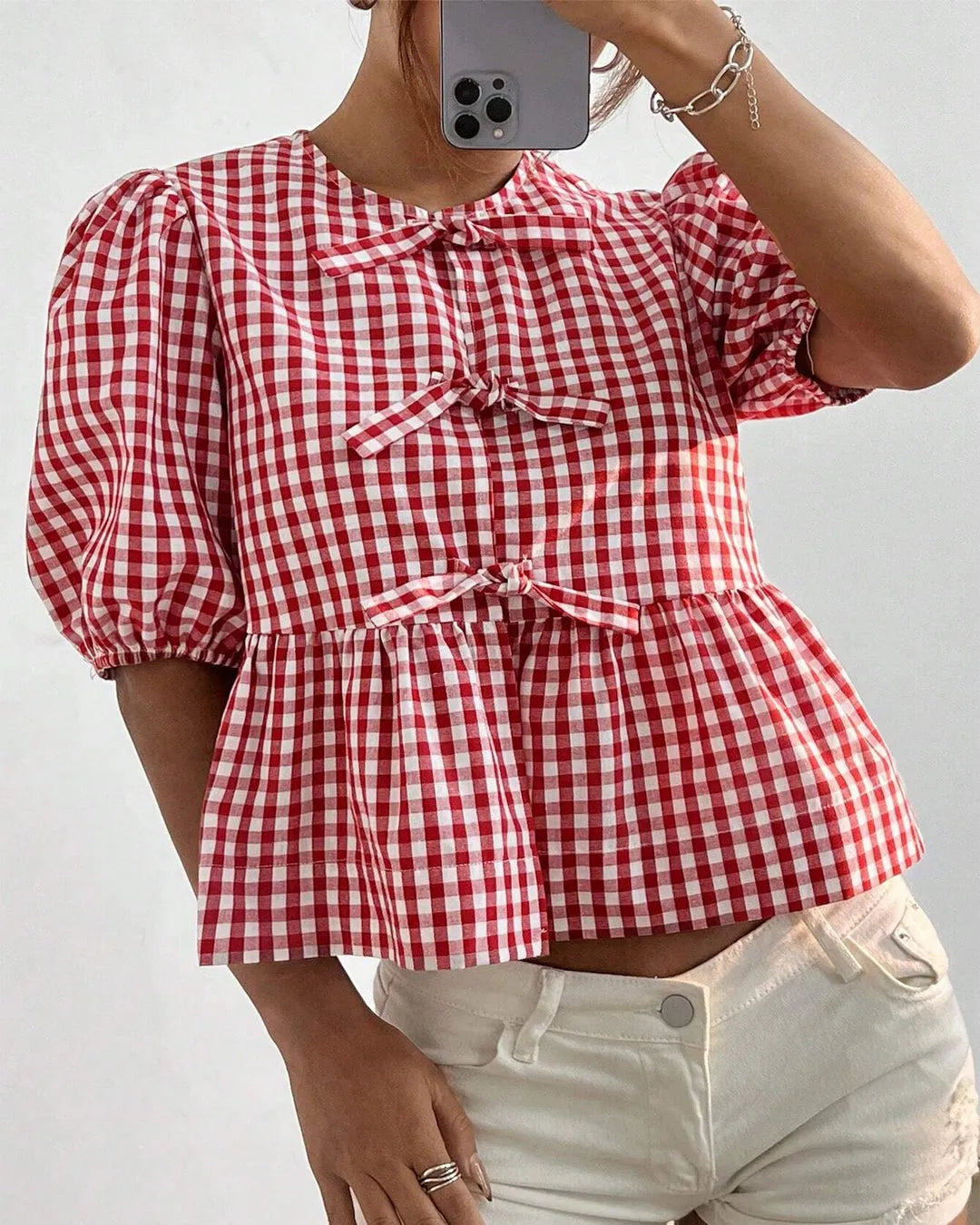 Red Gingham Peplum Blouse with Puff Sleeves