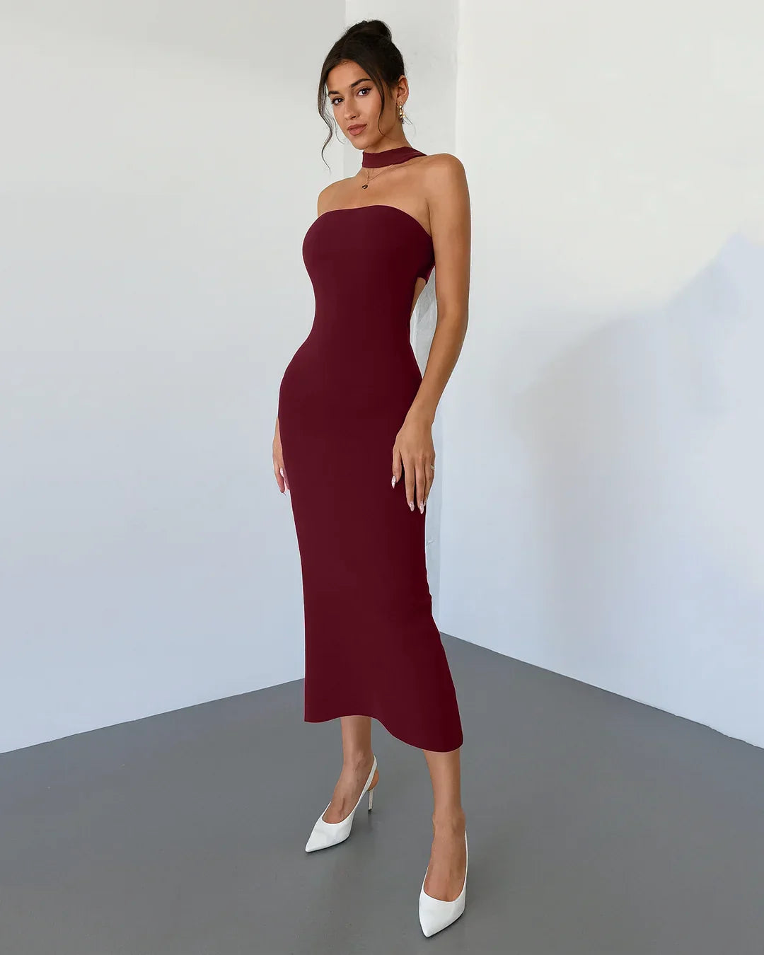 Slim Fit Backless Contrast Bow Tie Sexy Dress in Burgundy
