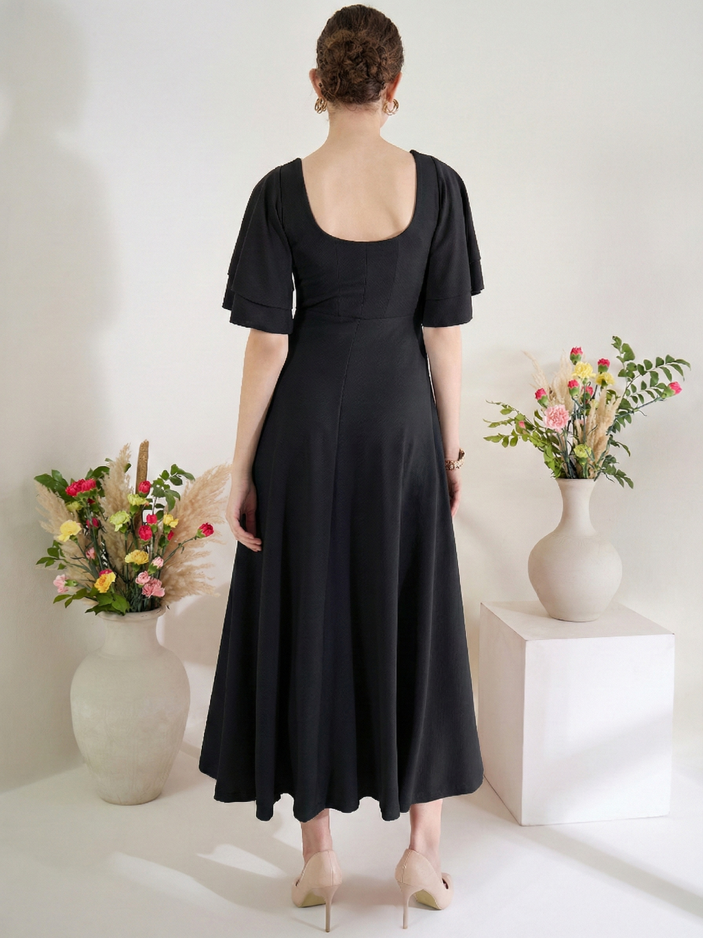 Stretchable Ruffled Sleeve Fit & Flare Dress