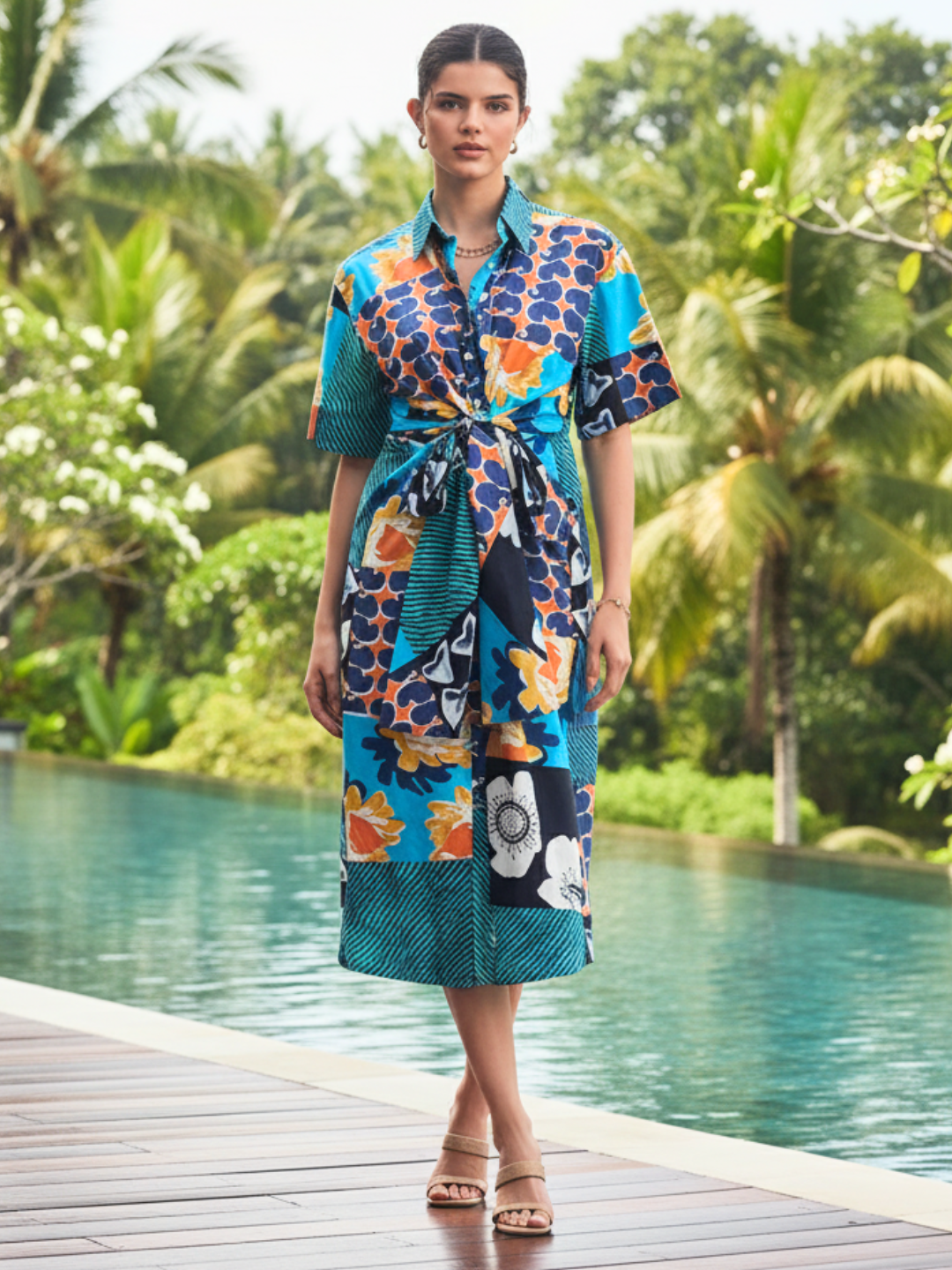 Knotted Cotton Shirt Midi Dress - Pinkkup