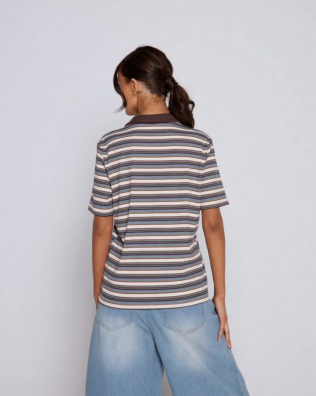 Striped Polo Collar T-Shirt with Contrast Detailing