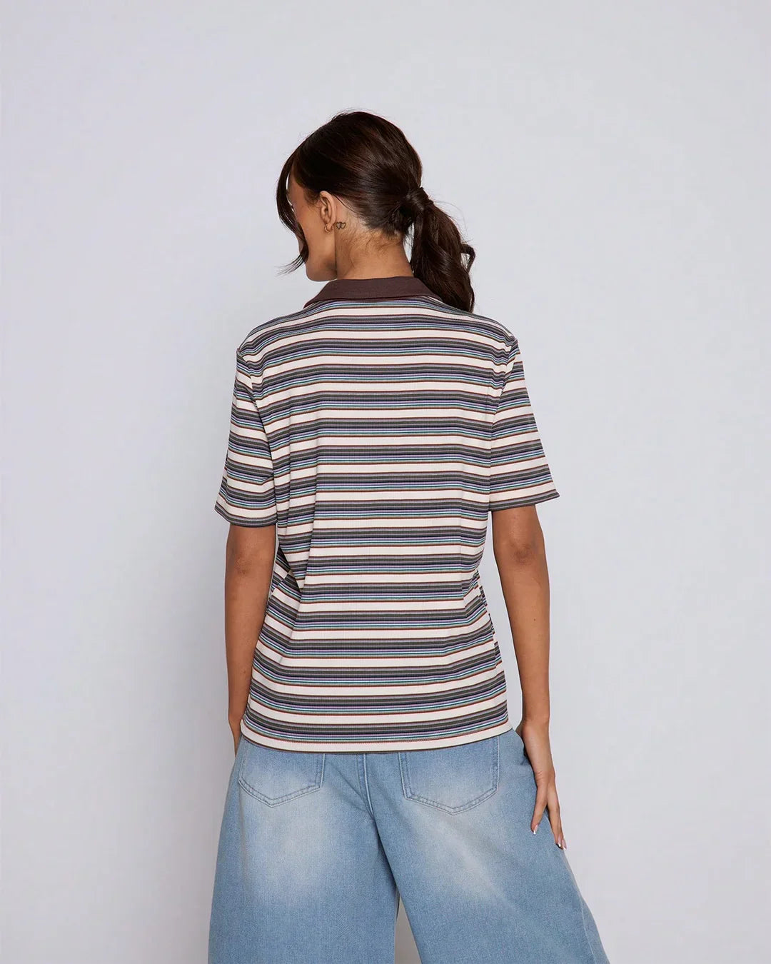 Striped Polo Collar T-Shirt with Contrast Detailing