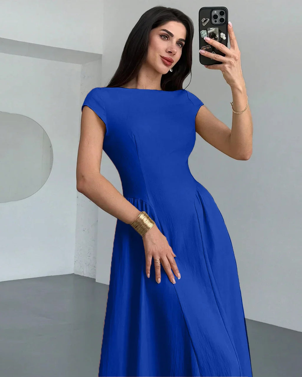 Boat Neck Flared Hem Midi Dress in Blue