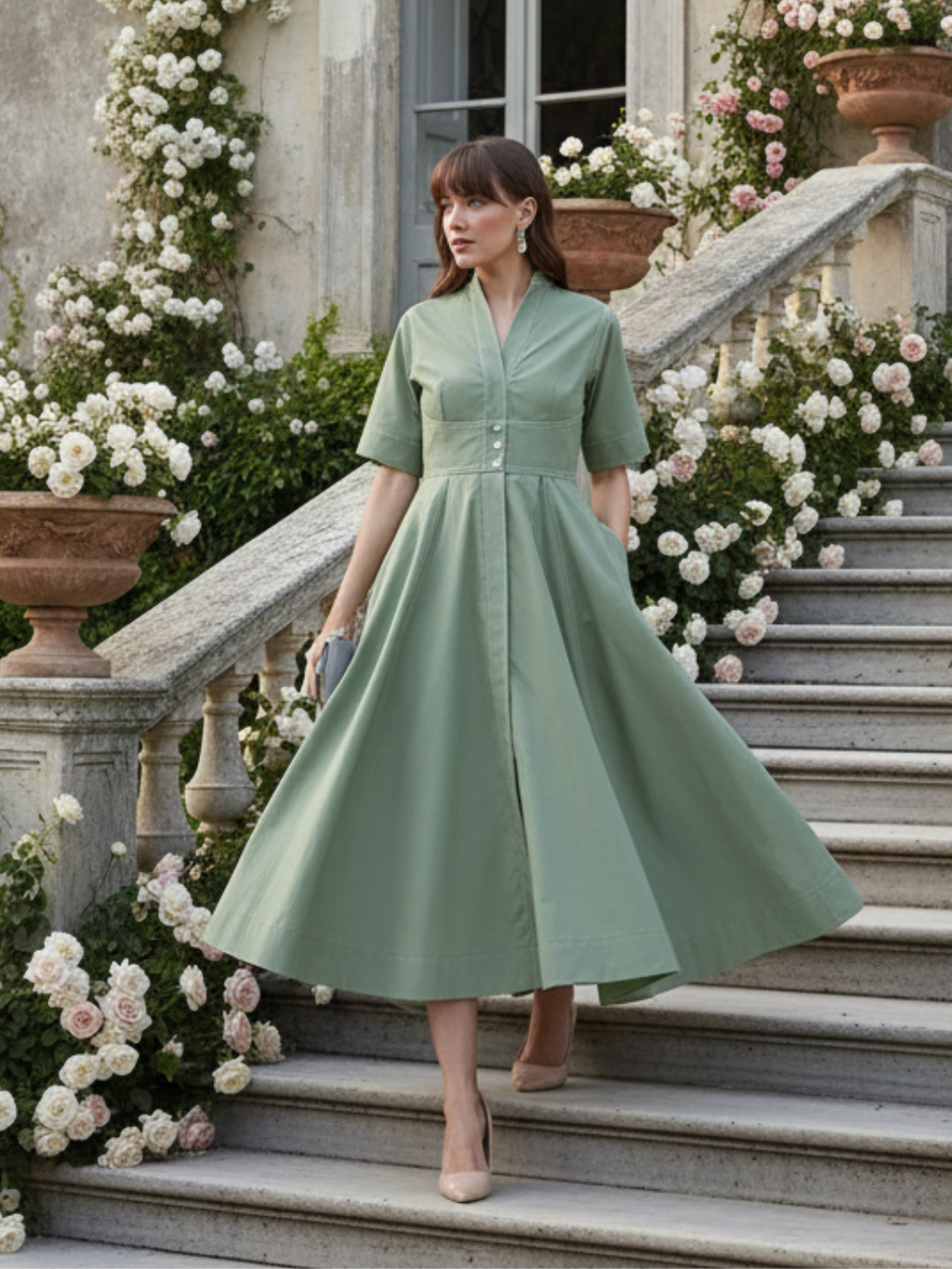 Corset Panelled Cotton Midi Dress - Pinkkup