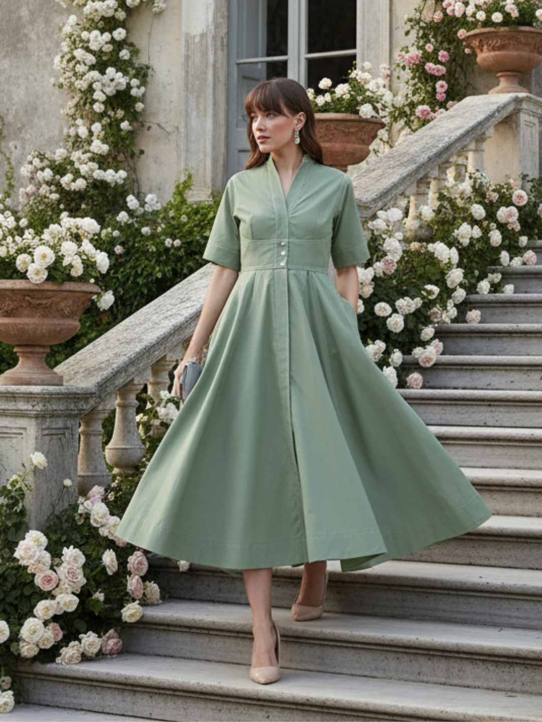 Corset Panelled Cotton Midi Dress - Pinkkup