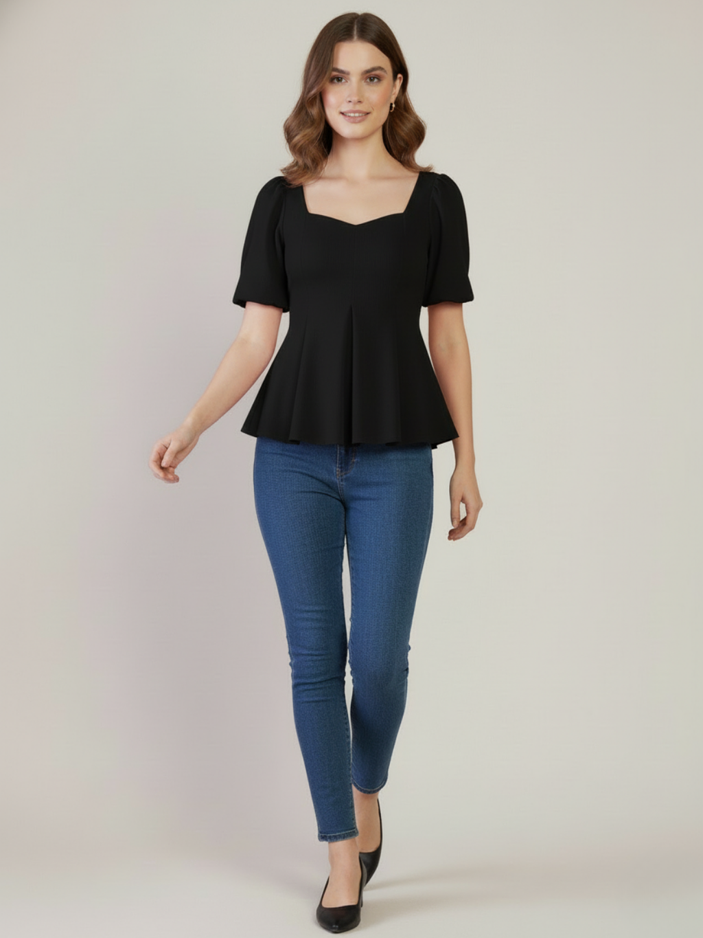 Stretchable Puff Sleeves Peplum Top