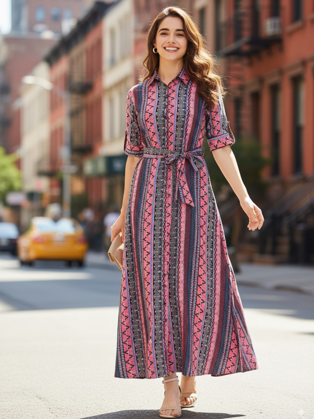 Collar Buttoned Down Shirt Maxi Dress - Pinkkup