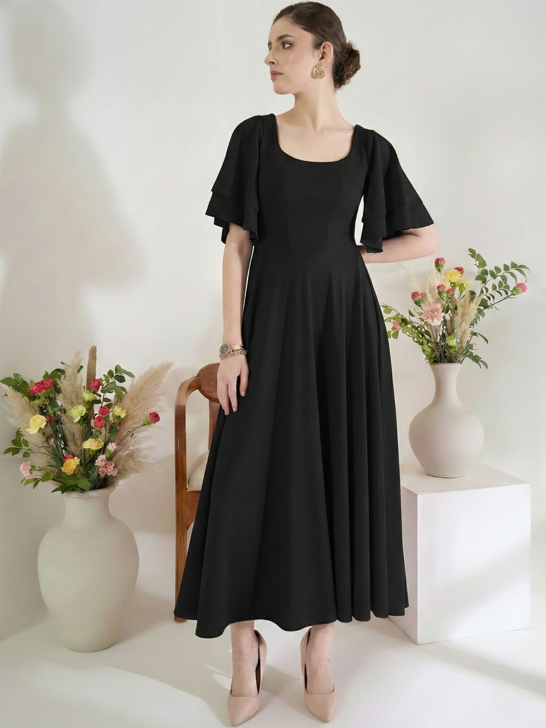Stretchable Ruffled Sleeve Fit & Flare Dress