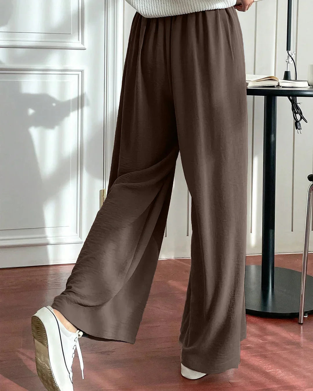 High-Rise Drawstring Wide Leg Pants in Chocolate