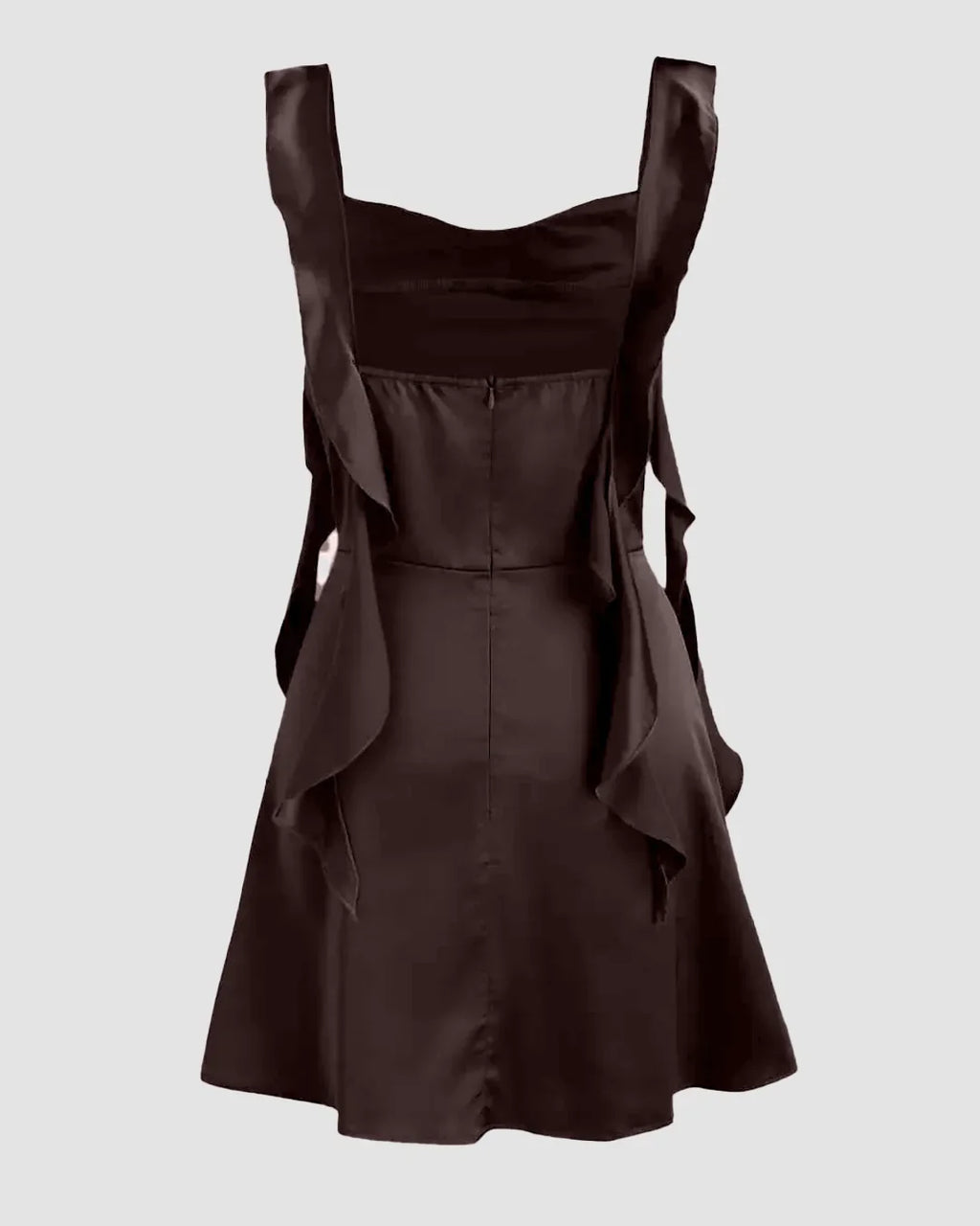 Satin Ruched Ruffle Hem Mini Dress in Coffee