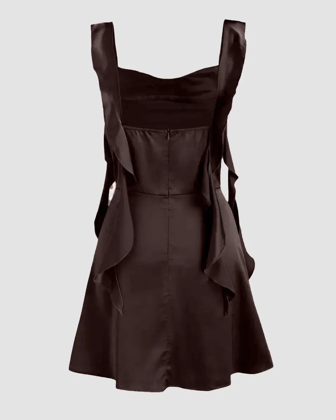 Satin Ruched Ruffle Hem Mini Dress in Coffee