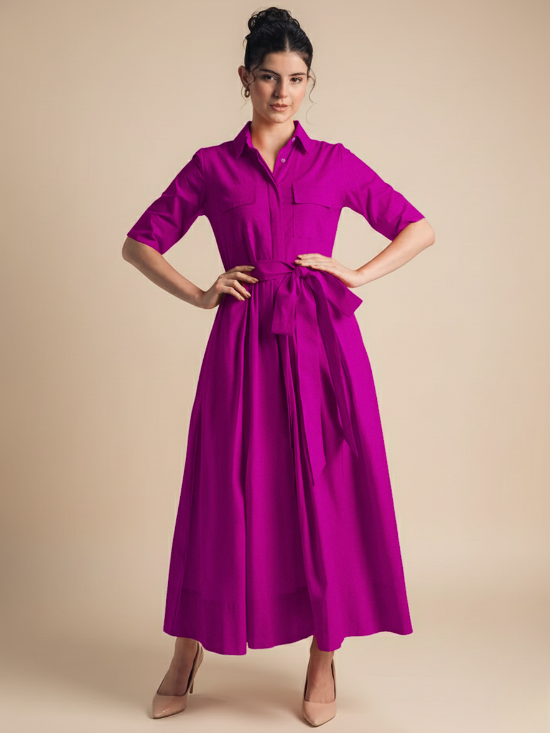 Pure Cotton Flared Shirt Dress With Belt