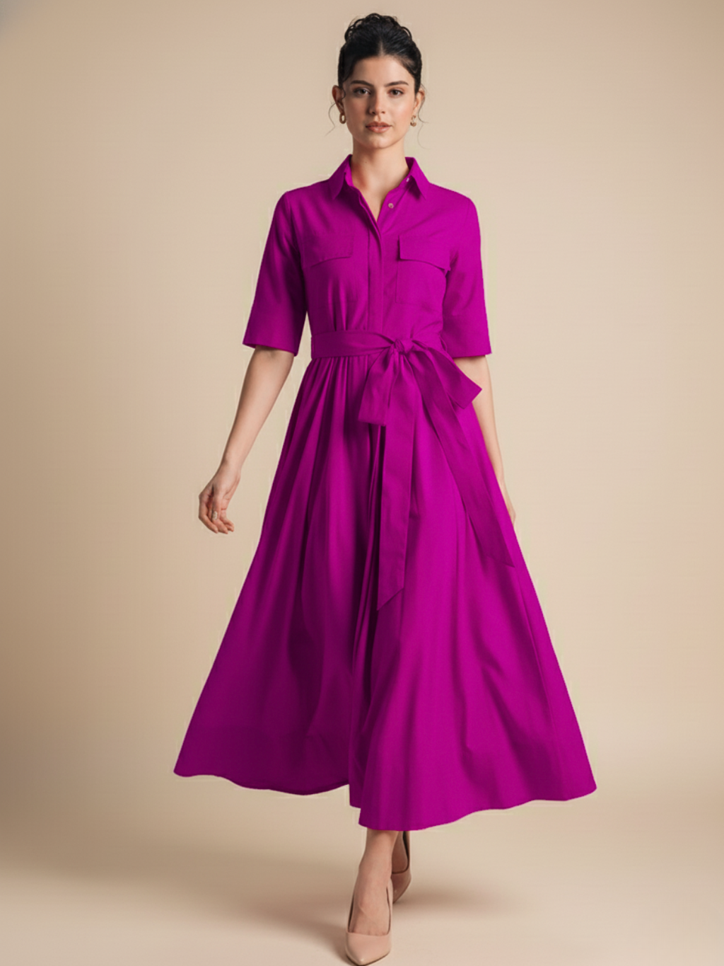 Pure Cotton Flared Shirt Dress With Belt