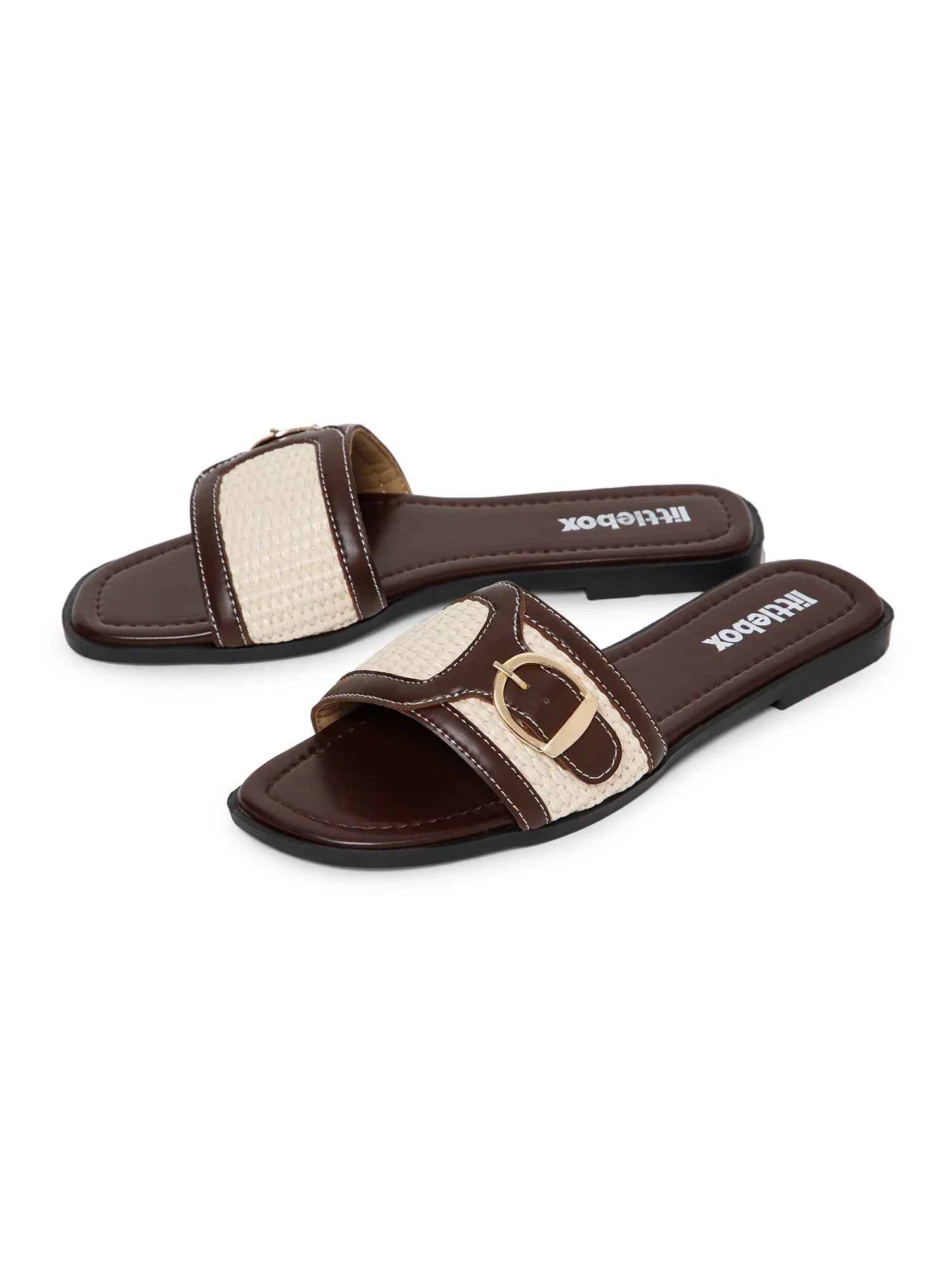 Brown & Beige Colorblocked Buckle Strap Sandals