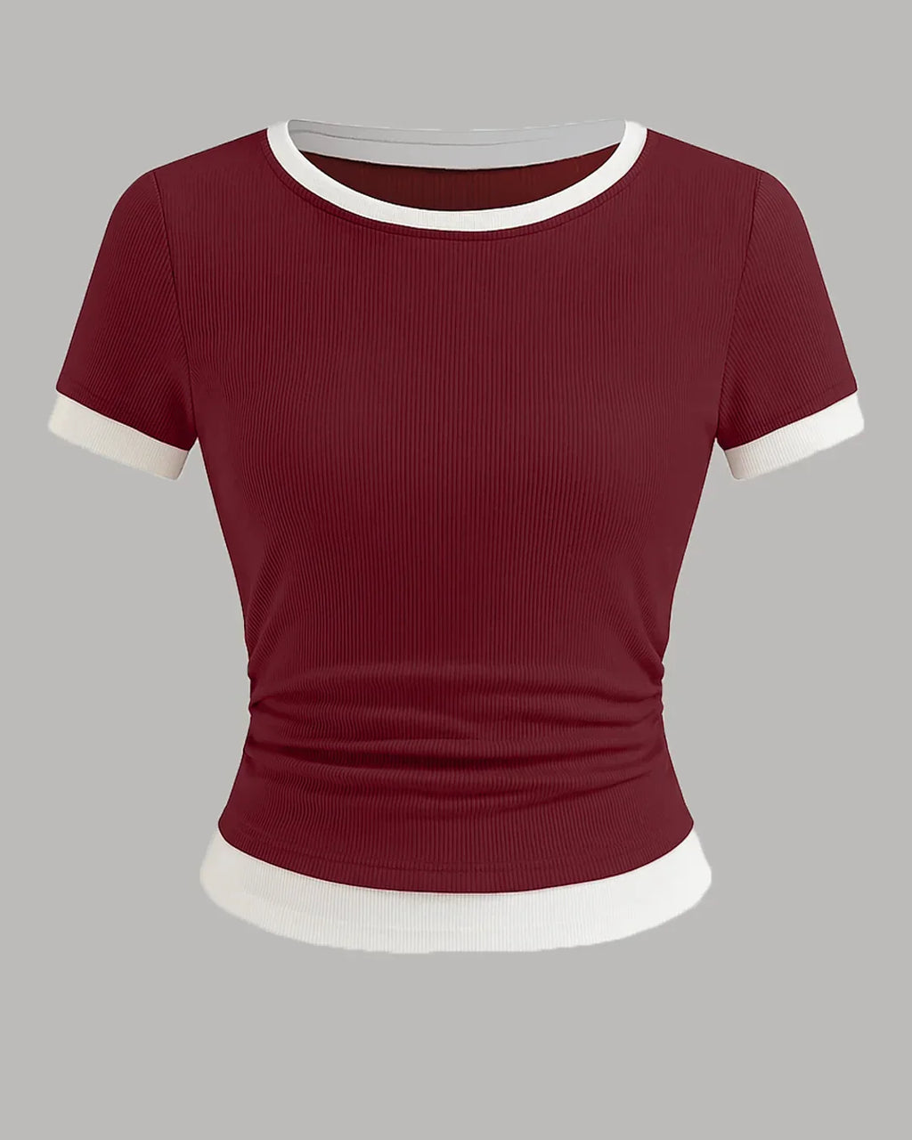 Casual Slim Fit Maroon and White Tee with Contrast Hem