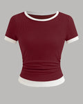 Casual Slim Fit Maroon and White Tee with Contrast Hem