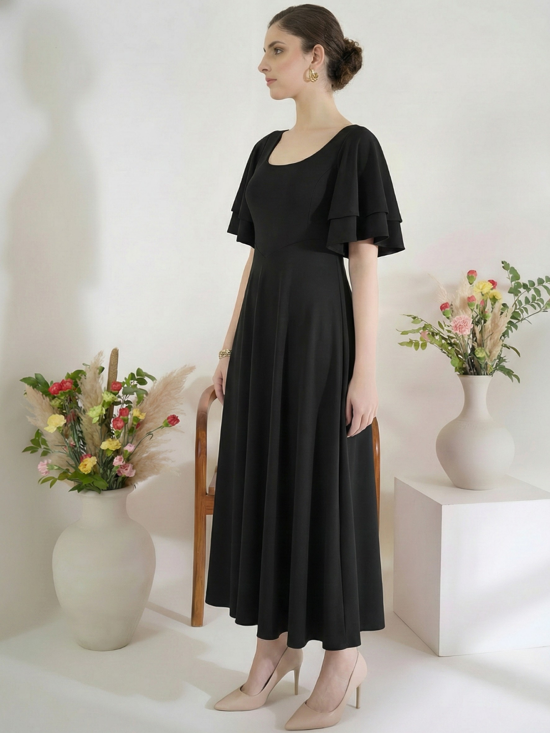 Stretchable Ruffled Sleeve Fit & Flare Dress