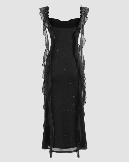 Black Ruched Ruffle Mesh Sleeveless Bodycon Midi Dress