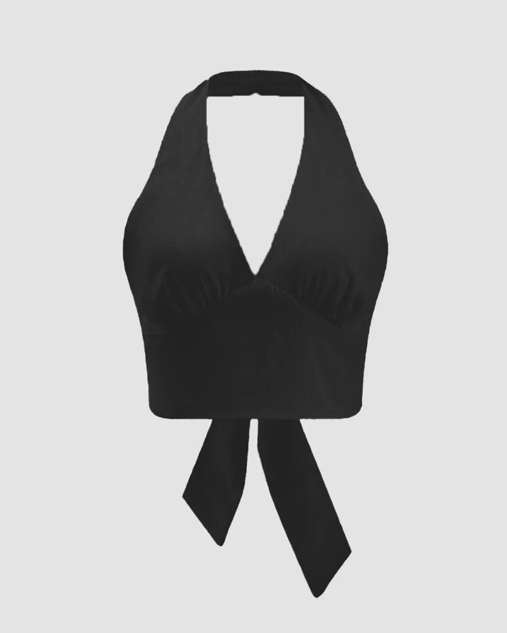 Solid Color Ruched Halter Neck Tie-Back Crop Top In Black