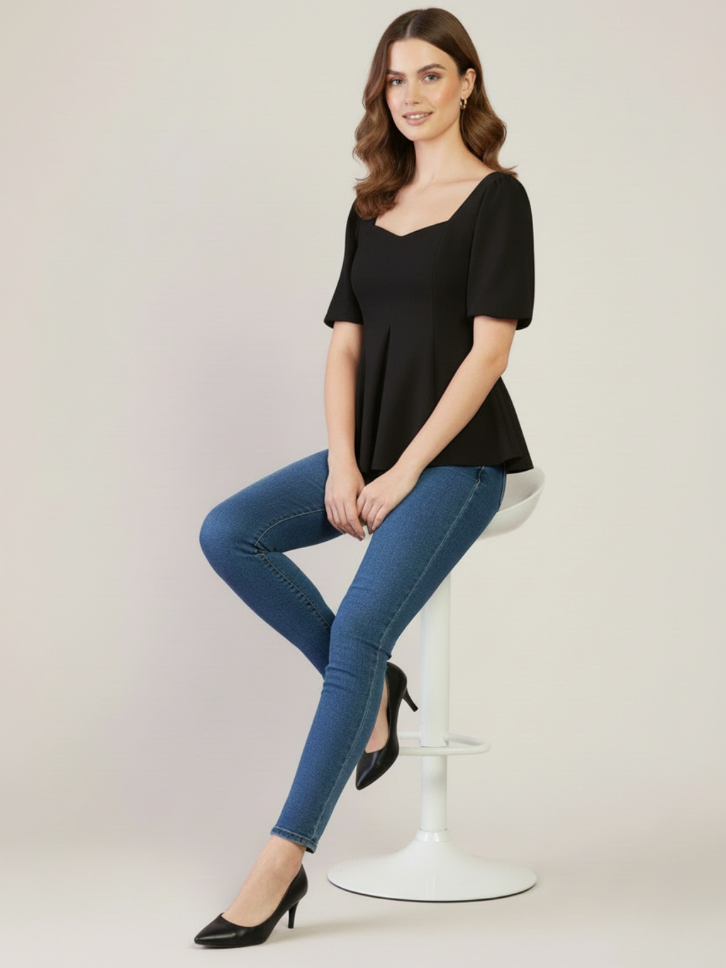 Stretchable Puff Sleeves Peplum Top