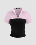 Collar Two Tone Patchy Short Sleeve Shirt In Baby Pink