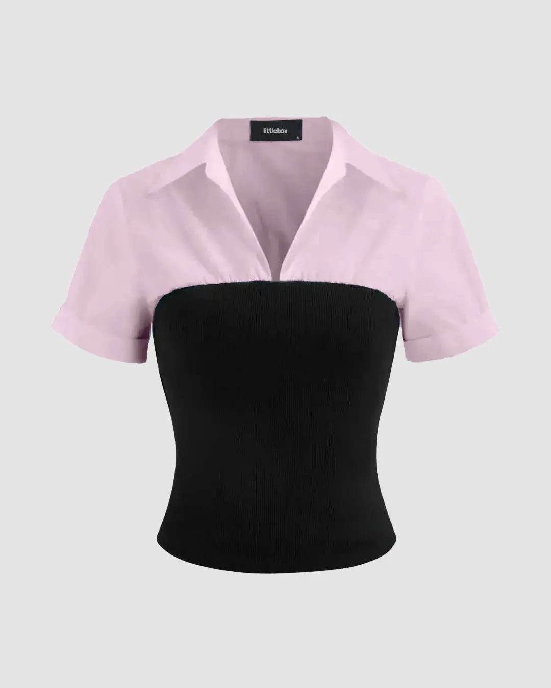 Collar Two Tone Patchy Short Sleeve Shirt In Baby Pink