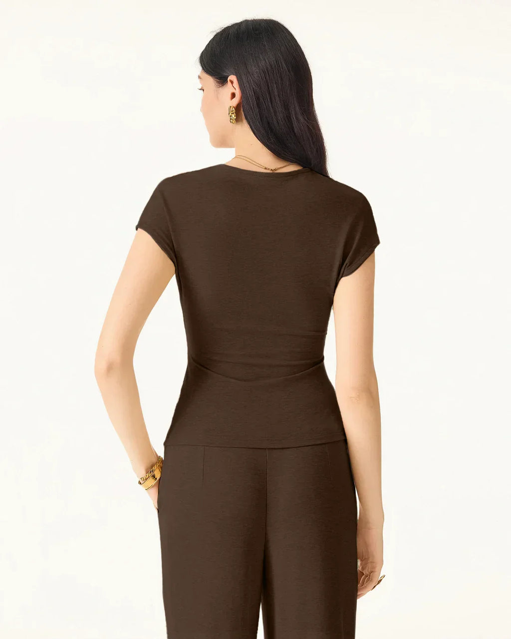 Brown Short Sleeve Wrap Top & Wide-Leg Trousers Co-ords Set