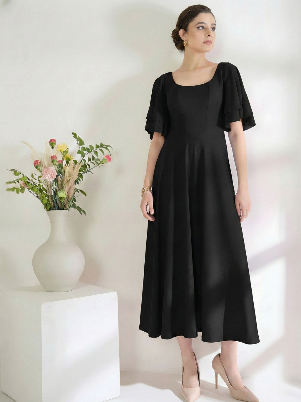 Stretchable Ruffled Sleeve Fit & Flare Dress - Pinkkup