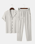 Men Two Piece Outfit Casual Basic Short Sleeved Button Up Shirt & Straight Leg Pant In Grey
