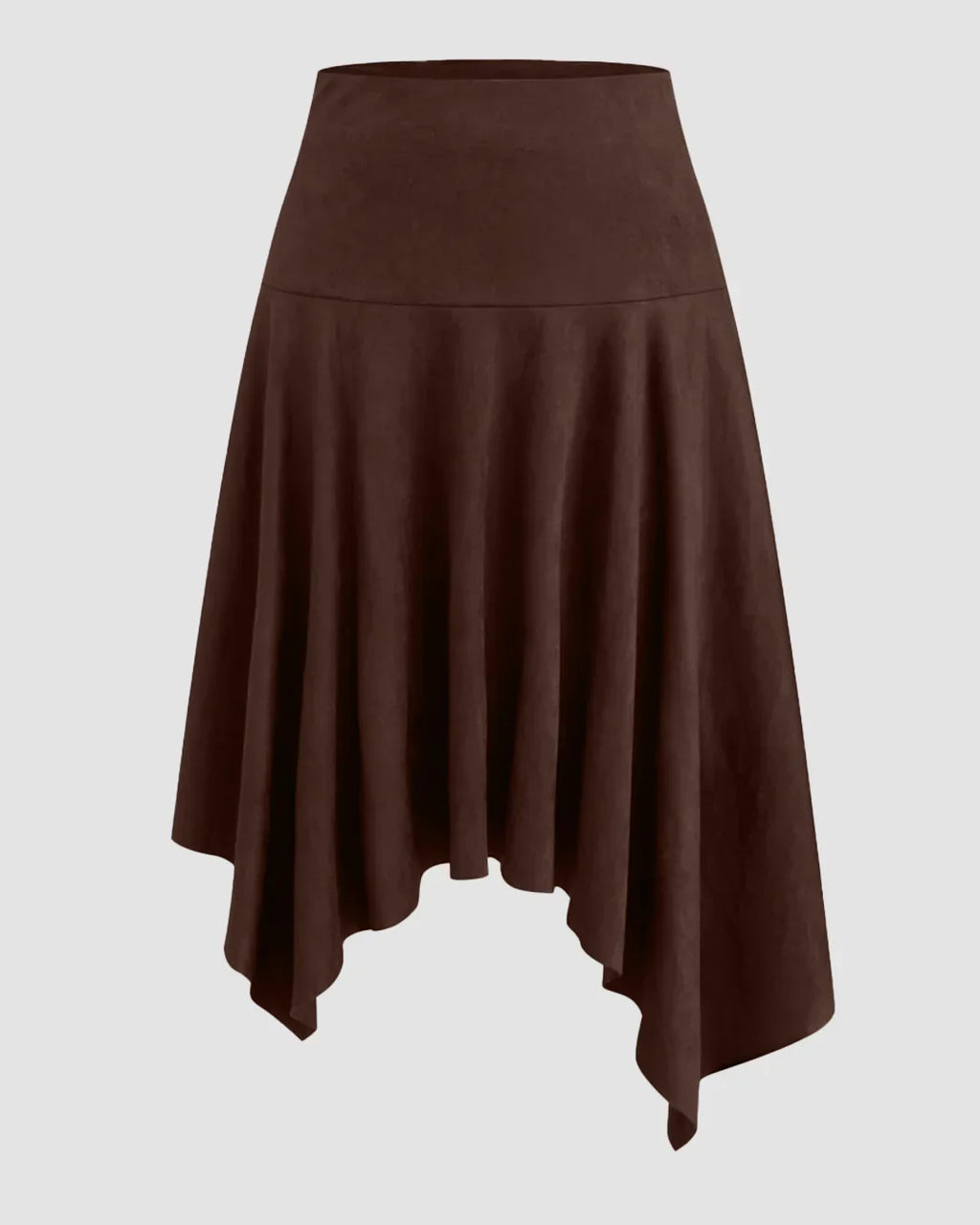 High-Waist Handkerchief-Hem Flared Midi Skirt in Dark Brown