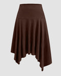 High-Waist Handkerchief-Hem Flared Midi Skirt in Dark Brown