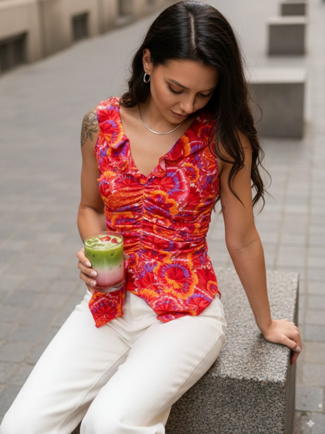 Printed Sleeveless Stretchable Ruffled Top - Pinkkup