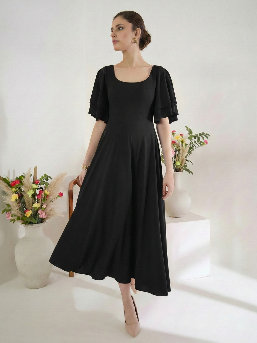 Stretchable Ruffled Sleeve Fit & Flare Dress