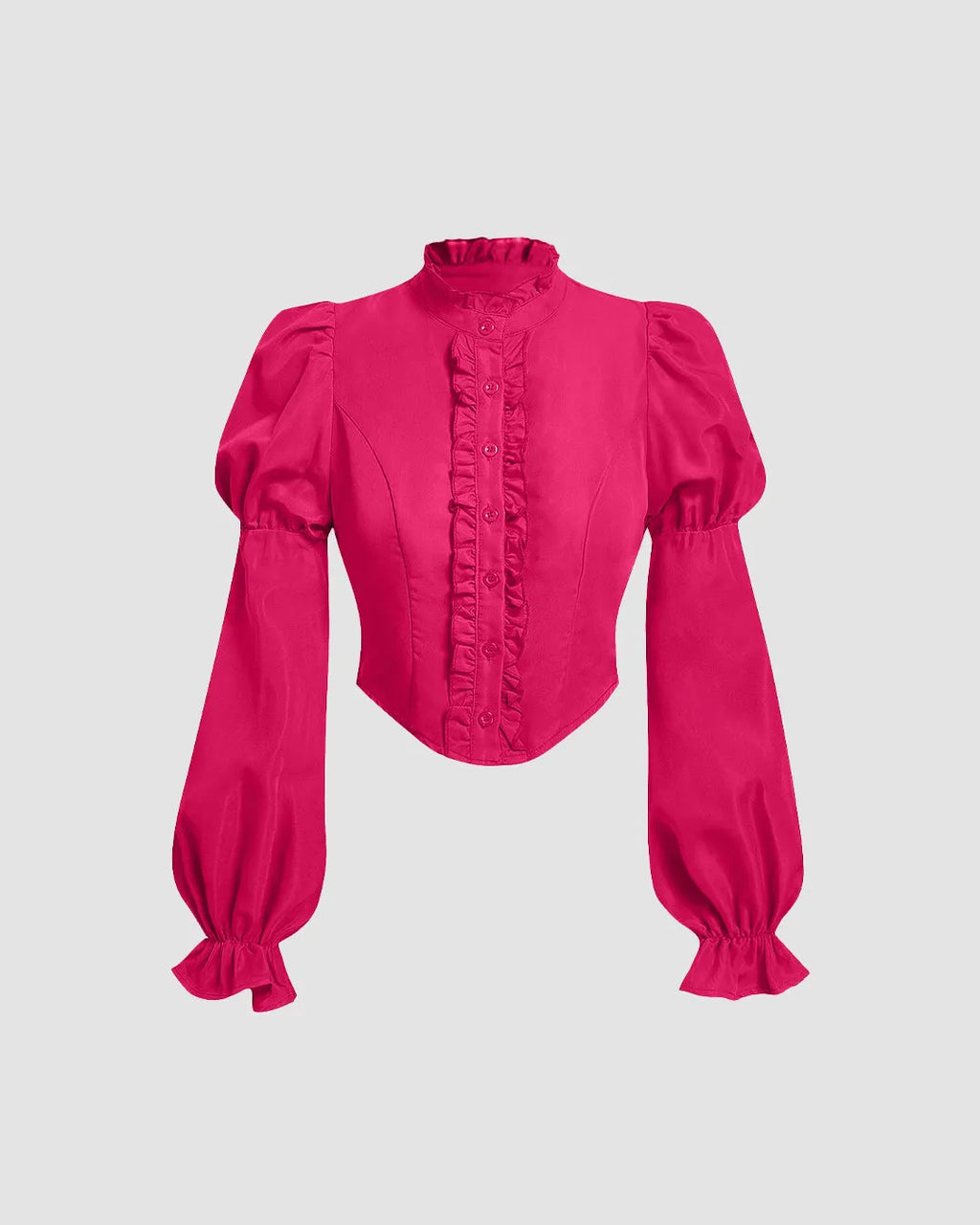 Ruffled High Neck Corset-Style Lantern Sleeve Blouse in Pink