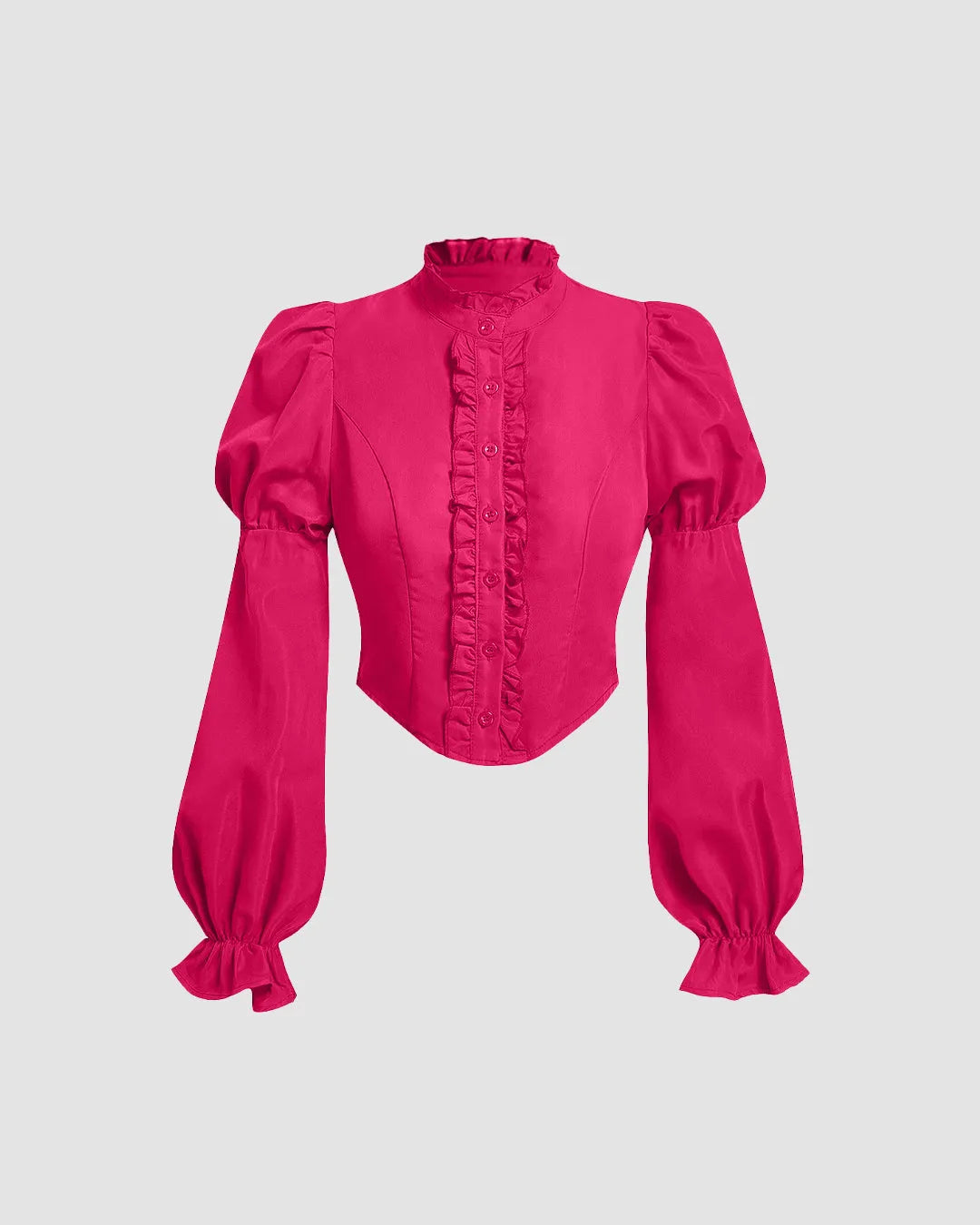 Ruffled High Neck Corset-Style Lantern Sleeve Blouse in Pink