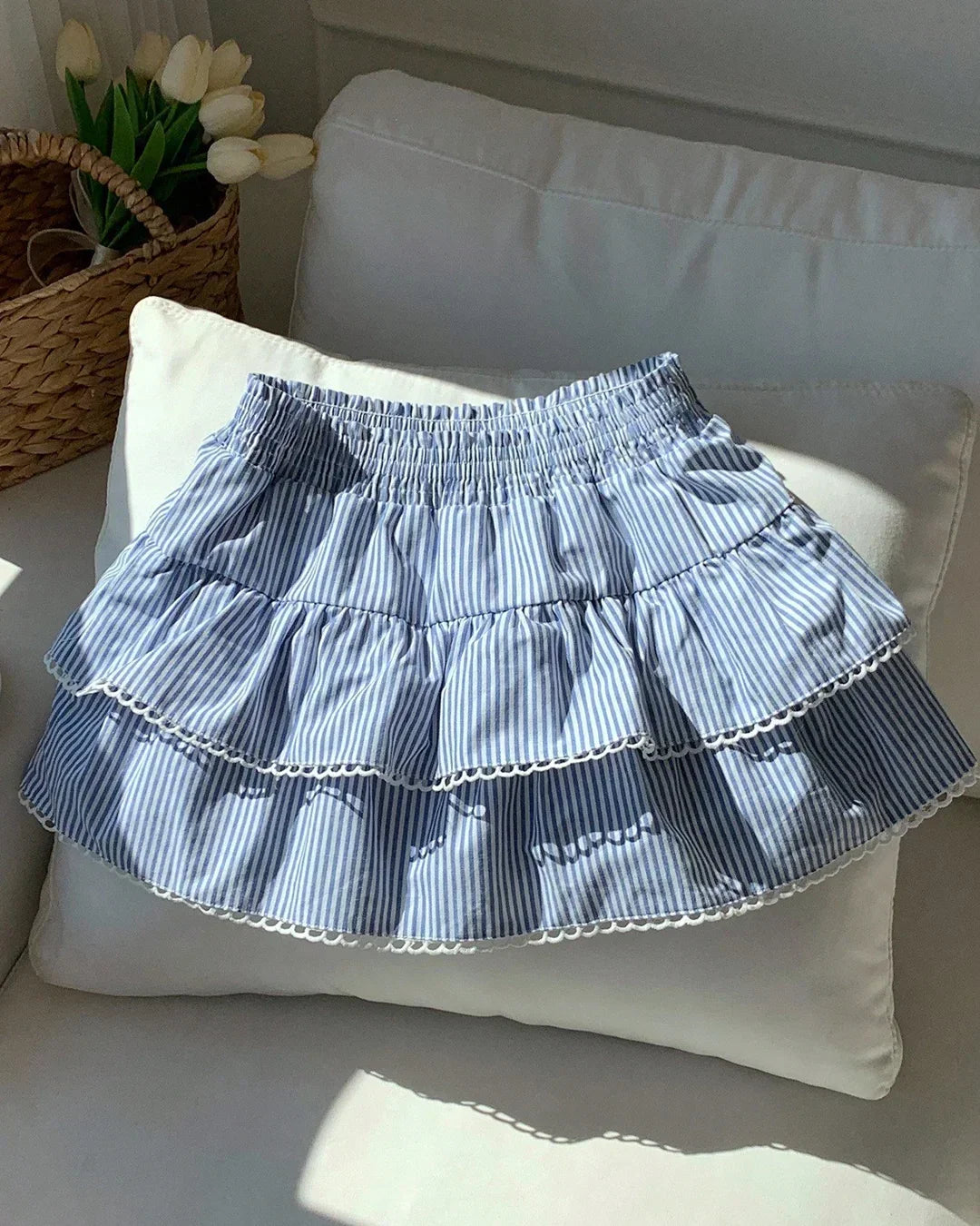 Tiered Ruffle Striped Mini Skirt with Elastic Waist