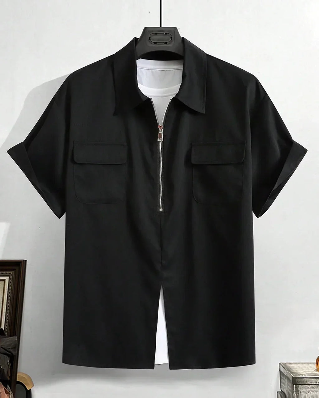 Men Black Zip Front Pocket Detail Short Sleeve Shirt