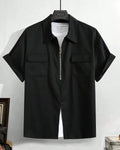 Men Black Zip Front Pocket Detail Short Sleeve Shirt