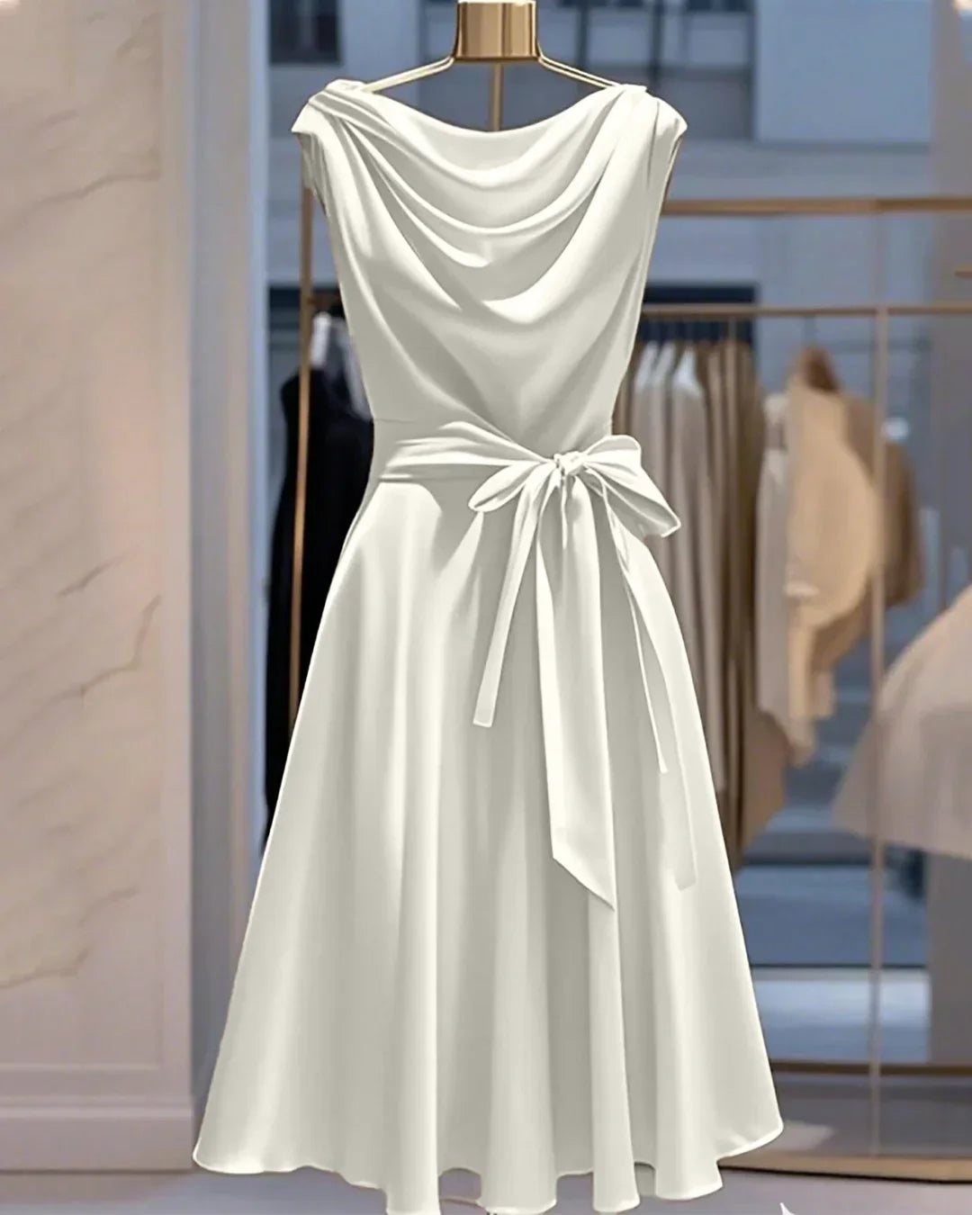 Women's Elegant Solid Color Waist Cinched cowl neck in Off- White