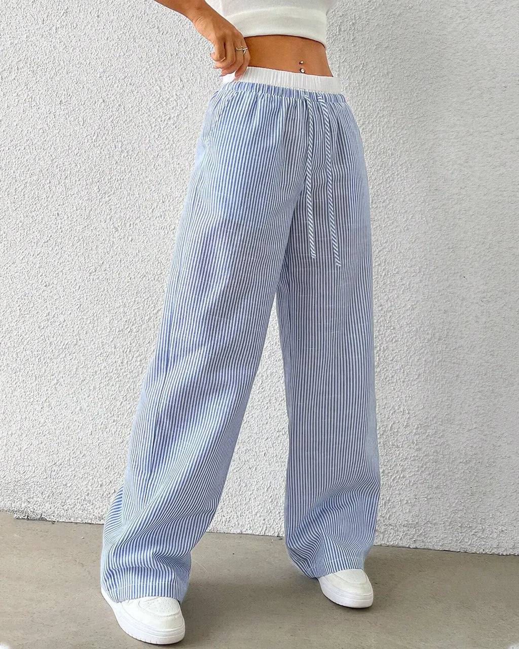 Rise Striped Drawstring Wide-Leg Trouser